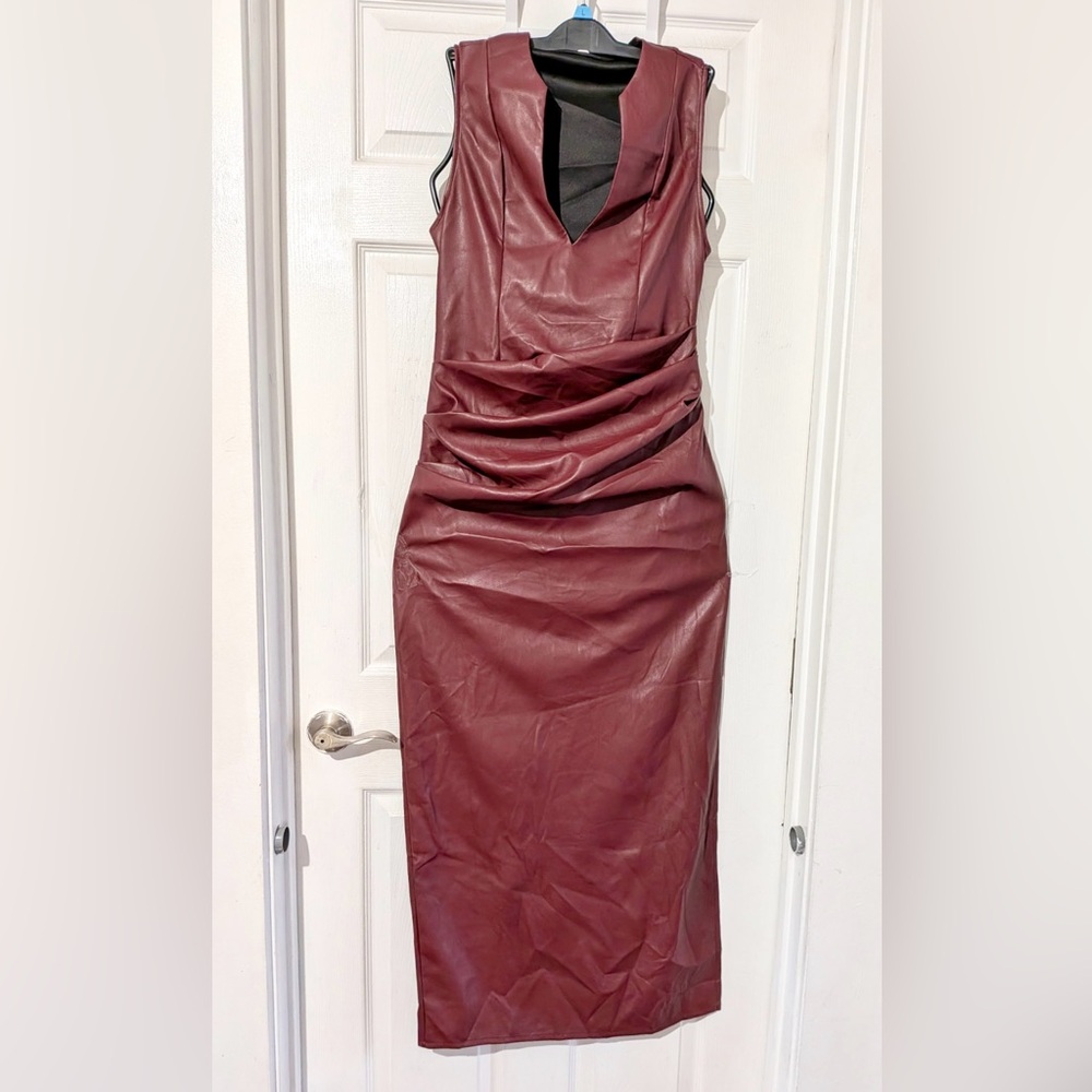 Micas Faux Leather V-neck Ruched Maxi Dress - Picture 3 of 14